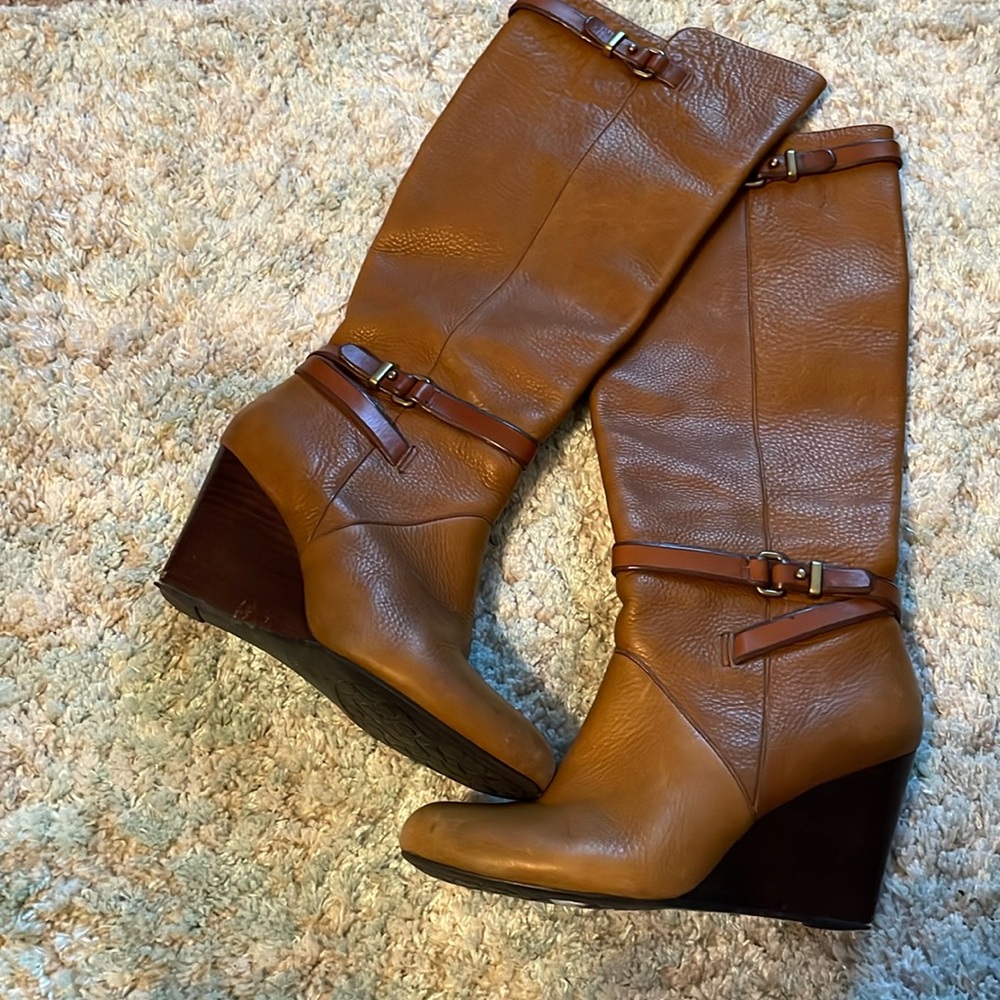 Coach Tan Leather Wedge Boots